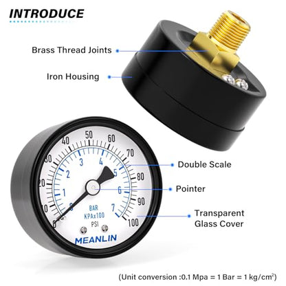 MEANLIN MEASURE 0-100Psi 2" DIAL FACE 1/4" NPT Well Pump Pressure Gauge, with 1/2" NPT and 3/8" NPT Hex Bushing, 3-2-3% Accuracy, Center Back Mount - color: 1/4"NPT Back Mount, size: 0-100Psi
