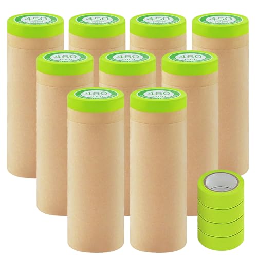 9 Rolls Pre-Taped Masking Paper for Painting and 4 Rolls Masking Tape Set -18 inch x 50 feet Tape and Drape for Painting, Painters Paper for Automotive Paint Masking, Floor Protection,Wall Covering