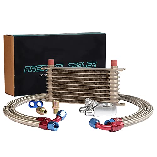 PIT66 Universal AN10 Engine Transmission Oil Cooler Compatible with Japanese Model Gold 10 Row Aluminum with Filter Relocation Kit C Set - color: Gold, size: 10 Row Japanese Model-C Set