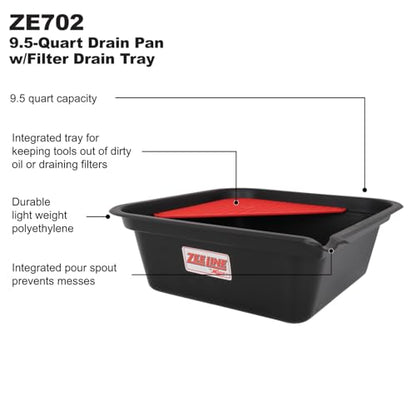 ZEELINE BY MILTON ZE702 9.5-Quart Oil Drain Pan with Filter Drain Tray, Heavy-Duty Polyethylene, Integrated Pour Spout, Large Catch Basin for Oil, Coolant & Transmission Fluid