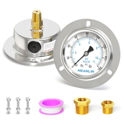MEANLIN MEASURE 0~160Psi Liquid Filled Pressure Gauge Front Flange Panel Mount, 1/4" NPT 2.5" FACE DIAL Stainless Steel Case with Phillips Screw, Nut and Brass Hex Bushing, +/-3-2-3% - style: 0~160Psi