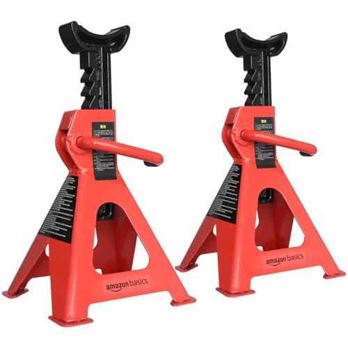 Amazon Basics Steel Jack Auto Stands, 3 Ton (2.7 metric Ton) Capacity, Easy to Use, Adjustable Height, 6,000 lb, 1 Pair, Black and Red(For Sedans and Urban SUVs)