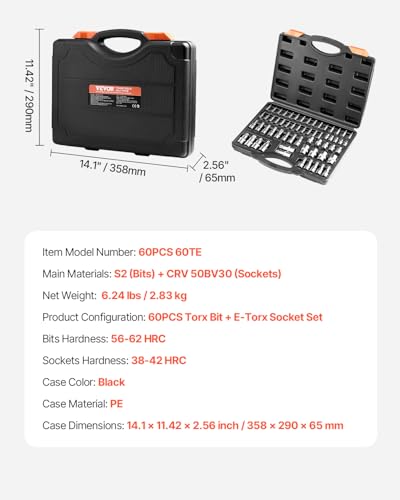 VEVOR Torx Bit Socket and External Torx Socket Set, 60-Piece T6-T70, TT6-TT70, TP8-TP60, E4-E24, S2 Alloy Steel and Cr-V Steel, 1/4 in, 3/8 in, and 1/2 in Drives, with Enhanced Storage Case, Hand Use - size: 60 PCS