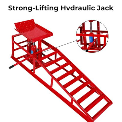 Skepphlay 2PCS Hydraulic Car Ramps 11000lbs 5T, Heavy Duty Car Ramps with Hydraulic Jack, Steel Car Service Ramp High Lift 9"-14.2" for Auto Truck Repair, Changing Oil, Red - color: Red
