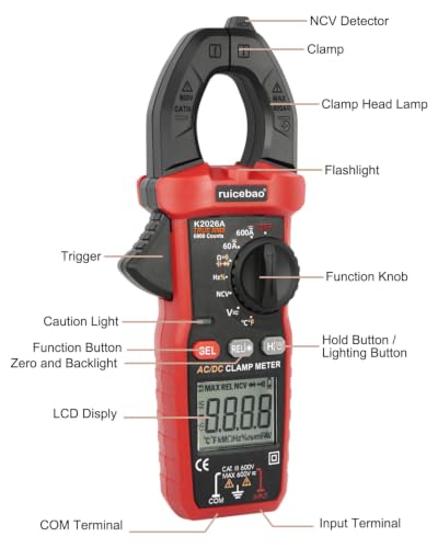 Digital Clamp Meter, 6000 Counts, Measures High AC/DC Current 600A, 600V AC/DC Voltage, Multimeter, Voltage Meter, Backlit Display, Amp Meter, Electrician Tools, with Alligator Clips