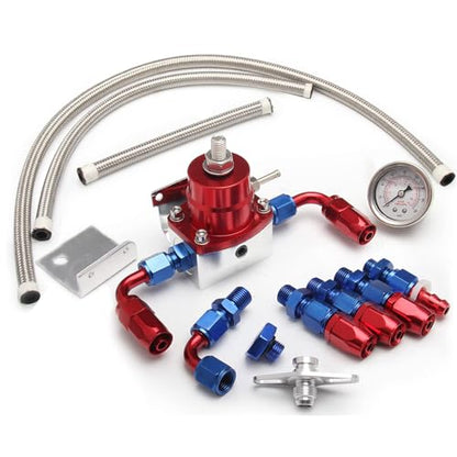 EFI Fuel Pressure Regulator Kit 0-100psi with Gauge 6AN Fuel Line Fitting Universal Adjustable Aluminum (Blue+Red) - color: Blue&Red