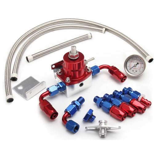 EFI Fuel Pressure Regulator Kit 0-100psi with Gauge 6AN Fuel Line Fitting Universal Adjustable Aluminum (Blue+Red) - color: Blue&Red