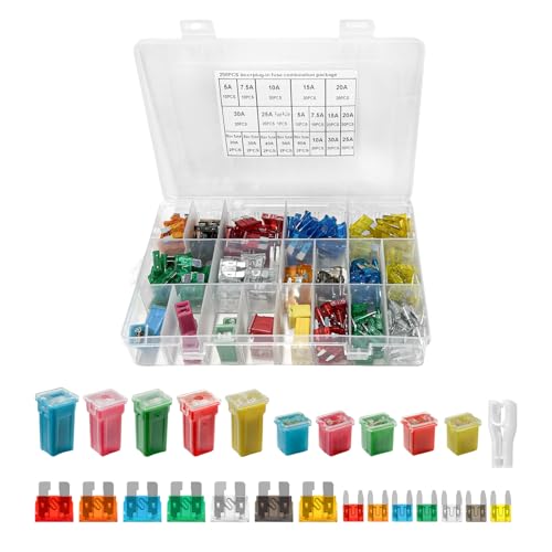 250PCS Car Fuses Assortment Kit, Low Profile Mini Blade Fuses (5A 7.5A 10A 15A 20A 25A 30A), Low Tall/STD Box Shaped Assorted Fuse, Automotive Fuses Kit for Car, Truck, RV, Boat