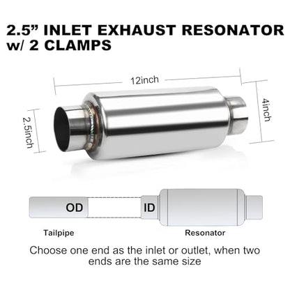 2.5" Inlet & Outlet Universal Muffler with Clamp, 12" Overall Length Stainless Steel Resonator - size: 2.5 inch