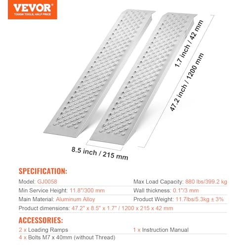 VEVOR Aluminum Ramps, 880 LBS Capacity 47.2" x 8.5" Loading Ramps for Motorcycle, Dirt Bike, Trailer, ATV, UTV, Garden Tractor and Lawn Mower, 2PCS - size: 880 lbs