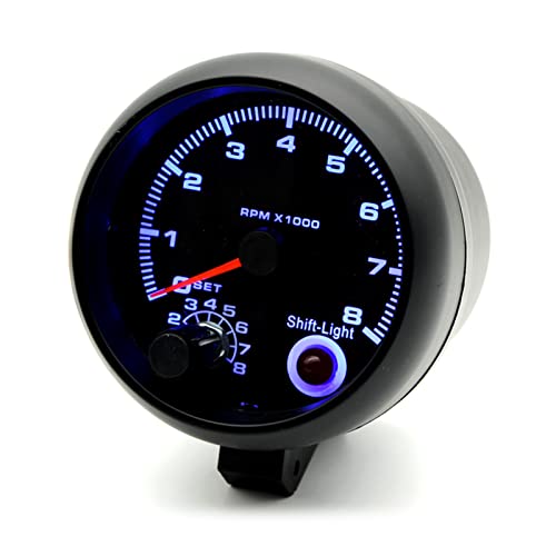 Tachometer Gauge,3.75'' Car Universal Black Tachometer Gauge Blue Inter Shift Light 0-8000 RPM
