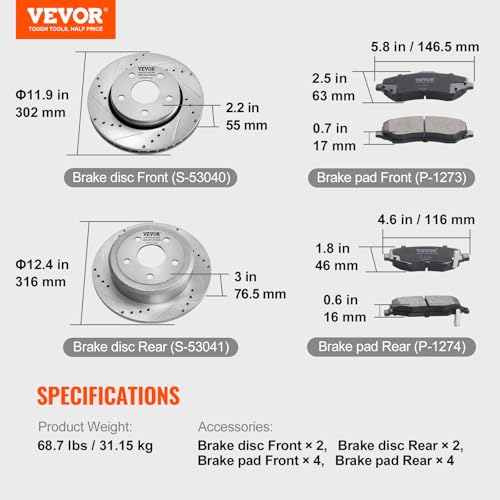VEVOR Front and Rear Brake Kit Compatible with 2007-2017 Jeep Wrangler, Drilled and Slotted Brake Rotors Ceramic Brake Pads Replacement, 11.9" Front Rotors 12.4" Rear - size: S-53040 + S-53041