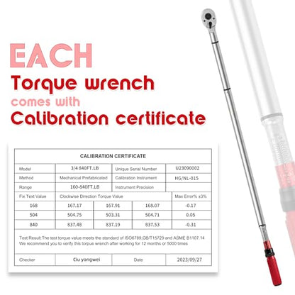 3/4 Inch Torque Wrench, 48 Tooth Torque Wrench 3/4 Drive 160-840FT.LB/217-1139N.M with a Solid Storage Case - size: 3/4''-800FT.LB