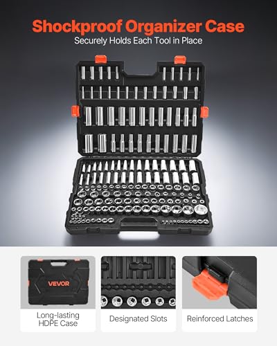 VEVOR Socket Set, 163 Pieces, 3/8 & 1/4 & 1/2 inch Drive Socket Tool Set, SAE and Metric, Deep and Standard, Mechanic Tool Kit with Storage Case, Chrome Plated CR-V Alloy Steel, for Automotive Repair - size: 163-PCS