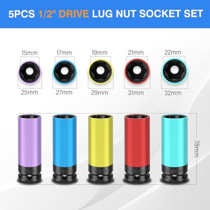 5 PCS 1/2" Drive Wheel Protector Impact Socket Set Metric 15 17 19 21 22 mm - size: 1/2" Protective Cover Sockets 5pcs