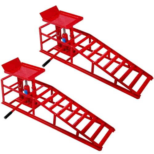 Skepphlay 2PCS Hydraulic Car Ramps 11000lbs 5T, Heavy Duty Car Ramps with Hydraulic Jack, Steel Car Service Ramp High Lift 9"-14.2" for Auto Truck Repair, Changing Oil, Red - color: Red