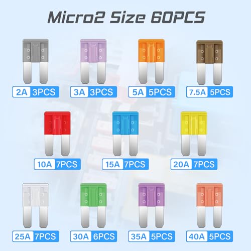 JOREST 60Pcs Micro Assorement Fuses Kit -Micro2 Fuse kit, Micro 2 Automotive Replacement Fuses for Car RV Truck Motorcycle(2Amp 3A 5A 7.5A 10A 15A 20A 25A 30A 35A 40A) - style: 60 Micro2