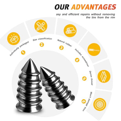 Morcheiong 30 Pcs Tire Repair Rubber Nail Kit Self-Tapping Tire Repair Screws Suitable for Motorcycles Trucks Cars Other Vacuum Tire Vehicles