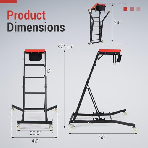 Topside Automotive Engine Creeper, Foldable Mechanic Creeper with 42"-69" Adjustable Height, Casters & Tool Pouch, 400 LBS Capacity Creeper for Truck, SUV & Garage Repair, Black & Red
