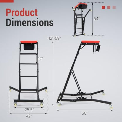 Topside Automotive Engine Creeper, Foldable Mechanic Creeper with 42"-69" Adjustable Height, Casters & Tool Pouch, 400 LBS Capacity Creeper for Truck, SUV & Garage Repair, Black & Red