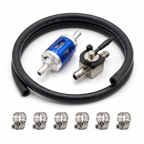 8mm 1/4" Inline Fuel Filter with Metal Shutoff Valve Hose Clamps