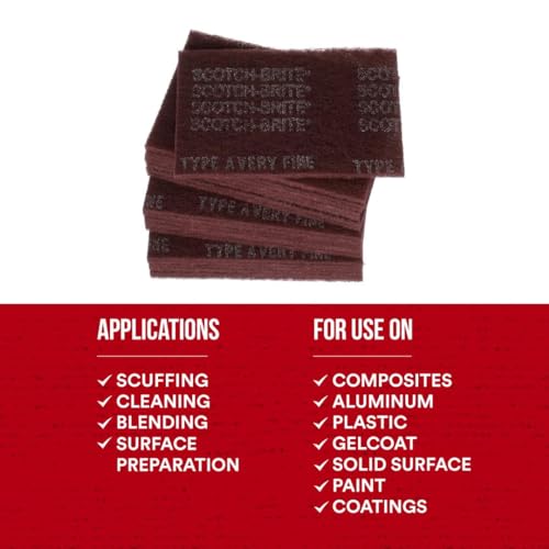 3M Scotch-Brite General Purpose 7447 Hand Pad, Very Fine Grade, 6 in x 9 in, Pack of 20, Aluminum Oxide, Surface Preparation, Scuffing, Blending, Cleaning, Maroon