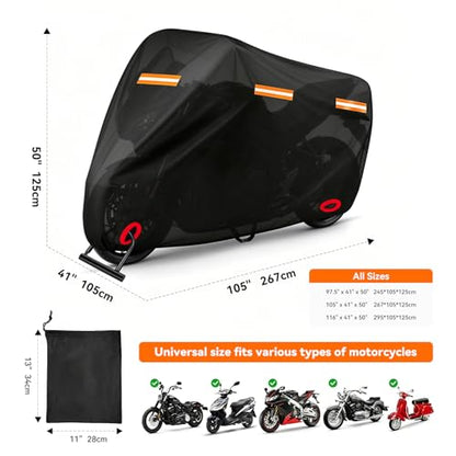 Motorcycle Cover, Waterproof PE Aluminum Film Material, Fits up to 105" - size: 105" x 41" x 50"