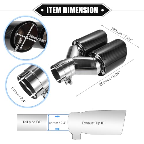 Car Dual Exhaust Tip Tail Pipe, 2.4 Inch Inlet 7.09 Inch Outlet 9.84 Inch Length Universal for Rear Muffler Tip Stainless Steel Carbon Fiber Pattern Black - color: Silver Tone
