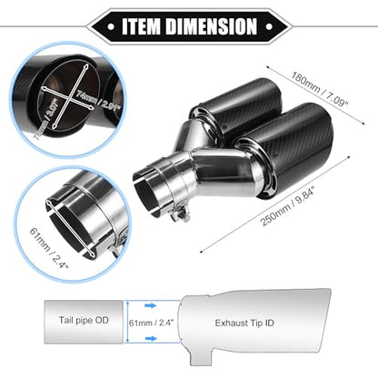 Car Dual Exhaust Tip Tail Pipe, 2.4 Inch Inlet 7.09 Inch Outlet 9.84 Inch Length Universal for Rear Muffler Tip Stainless Steel Carbon Fiber Pattern Black - color: Silver Tone