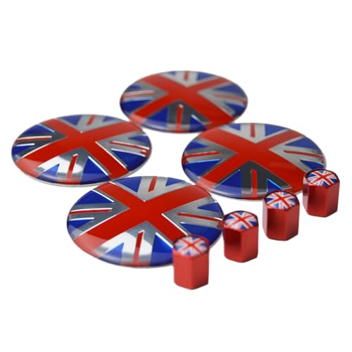 4X Union Jack UK Flag Wheel Center Cap + Valve Stem Cap for Mini Coopers R50 R51 R52 R53 R55 R56 R57 R58 R59 R60 R61 F55 F56