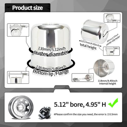 2Pcs 5.15" OD 4.95" H Trailer Wheel Center Caps with Removable Top - color: Chrome, size: 5.15" OD 4.95" H
