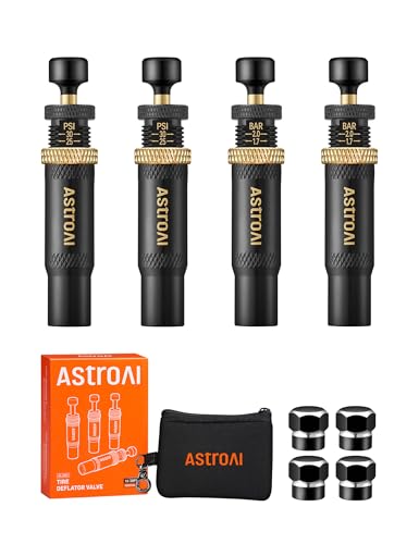 AstroAI Tire Deflator Kit 4-Pack, Automatic Anti-Corrosive Screw-On Air Down Tool Adjustable 10-30 PSI for Off-Road Vehicle SUV 4x4, Includes 4 Valve Caps Zipper Closure Bag