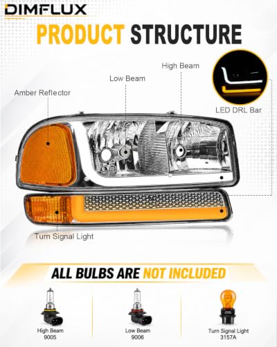 fit1999-2006 GMC Sierra 1500 2500 3500 Headlights w/Dual LED DRL for Yukon XL 1500 2500 NO Denali Trim Models Chrome Housing Amber Reflector - color: Chrome Housing Amber Reflector
