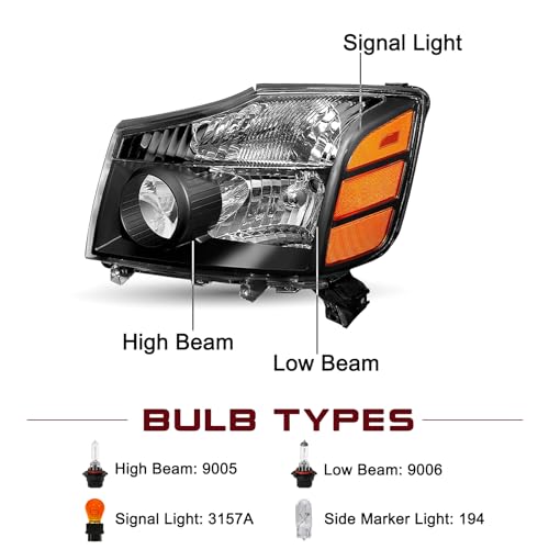 JSBOYAT Headlight Assembly Fit for 2004-2015 Nissan Titan / 05-07 Armada - color: Black Housing with Amber Reflector, size: With High & Low Beam Bulbs