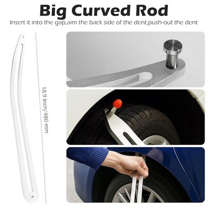 Car Dent Puller Kit, Manual Car Dent Remover PDR Kit, Auto Fender Paintless Dent Repair Tools with Big Curved Crowbar PDR Rod & Rubber Hammer for Motorcycle Metal Surfaces