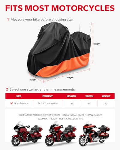 Amazicha Waterproof Motorcycle Cover with Side Top Box Fit for Harley Davidson Touring Street Glide Ultra Limited Road Glide Electra Glide Honda, 116"x 47" x 53" All‑Weather Outdoor Protection