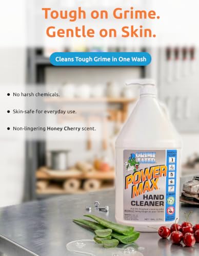 Grime Eater Power Max Hand Cleaner with Pumice - Heavy Duty Mechanic Soap for Grease, Oil, Urethane, Adhesives, Paint & Ink - 1 Gallon Pump Jug - Lanolin-Free Industrial Wash - size: 128 Fl Oz (Pack of 1)