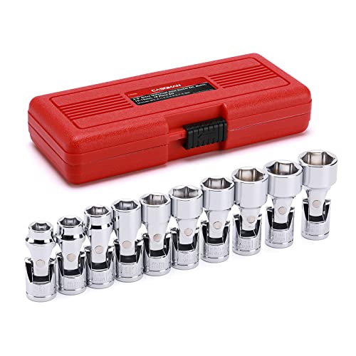 CASOMAN 3/8" Drive Universal Joint Socket Set- 10 Piece Flex Socket Set, 6-Point, Cr-V, Metric, 10-19mm - size: 10-19mm