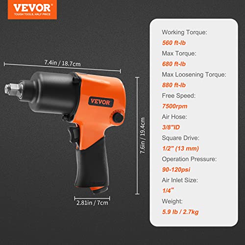 VEVOR Air Impact Wrench, 1/2" Drive Air Impact Gun Up to 880ft-lbs Nut-busting Torque, 7500RPM Lightweight Pneumatic Tool for Auto Repairs and Maintenance - size: 1/2-Inch/880 ft-lbs