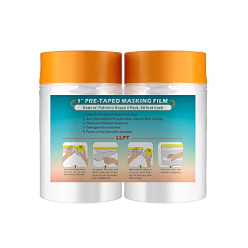 LLPT Pre-Taped Masking Film, 25.6" Unfolded x 66Ft, 0.27 Mil, 2 Pack - size: 25.6 Inch x 66 Ft