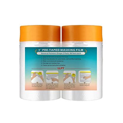 LLPT Pre-Taped Masking Film, 25.6" Unfolded x 66Ft, 0.27 Mil, 2 Pack - size: 25.6 Inch x 66 Ft