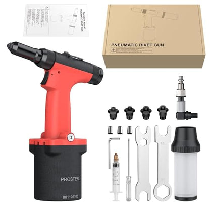 Proster Self-Suction Pneumatic Rivet Gun - Automatic Rivet Loading with 4 Nosepieces (3/32", 1/8", 5/32", 3/16"), 360° Swivel Air Hose Fitting for Automotive Marine Metal Fabrication - size: 4 Nozzles