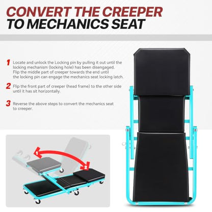 Foldable Creeper, 2-in-1 Rolling Garage Z Creeper Car & Seat, 36" Roller Mechanics Under Car Chair, 330 LBS Weight Capacity Heavy Duty, Ocean Blue - color: Blue, size: 36 Inch Length
