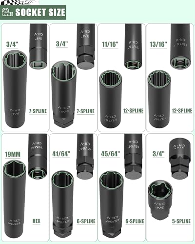 8-Piece Spline Socket Set for 5/6/7/12 Aftermarket Spline, Hex & Spike Lug Nuts, CR-V Steel SAE& Metric Wheel Lock Key Set, Portable Lug Nut Removal Tool Kit - size: Multi-Spline Socket Set