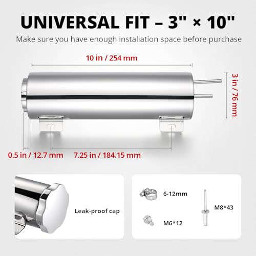 EVIL ENERGY Radiator Overflow Tank, Stainless Steel Coolant Reservoir Tank 3" x 10", Universal Coolant Expansion Tank with Cap, Polished Coolant Recovery Reservoir - size: 3"x10"