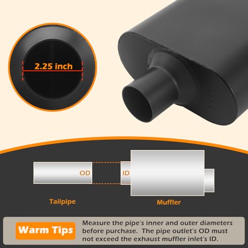 A-KARCK Universal Exhaust Muffler 2.25" Offset Inlet 2.25" Center Outlet, 13" Overall Length Aluminized Steel Aggressive Sound Race Muffler for Cars, Trucks (Black) - size: 2.25" offset in | 2.25" center out | overall 13"