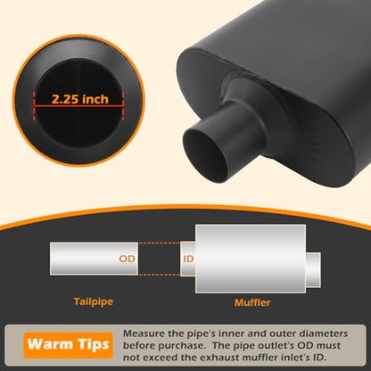 A-KARCK Universal Exhaust Muffler 2.25" Offset Inlet 2.25" Center Outlet, 13" Overall Length Aluminized Steel Aggressive Sound Race Muffler for Cars, Trucks (Black) - size: 2.25" offset in | 2.25" center out | overall 13"