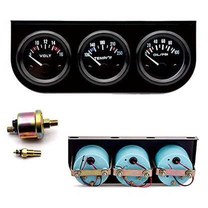 ARTILAURA 52mm Triple Gauge Set (Oil Pressure + Water Temp + Voltmeter) 3 in1 Auto 3 Gauge Cluster kit Dashboard with Black Console for 12V Cars - color: Black