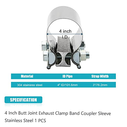 4.0 Inch Exhaust Clamp 4" Butt Joint Band Clamp Sleeve Coupler Stainless Steel 3 Inch for Exhaust Pipes, Mufflers and Catalytic Converters (2 PCS) - size: 4.0"