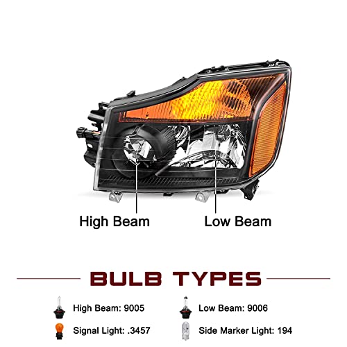 JSBOYAT Headlight Assembly Fit for 2004-2015 Nissan Titan / 05-07 Armada - color: Black Housing with Amber Reflector & Clear Lens, size: With High & Low Beam Bulbs